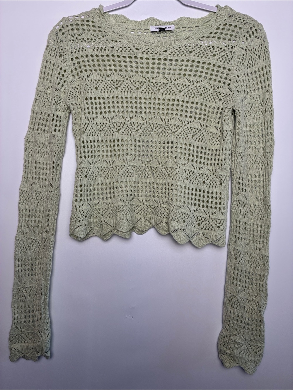 Freshman Mint Green Open-Knit Scalloped Hem Crewneck Sweater
